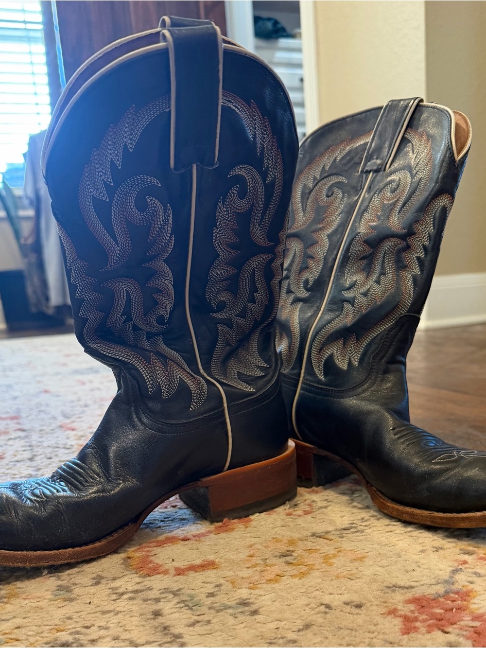 Nocona Black Western Embroidered Leather Cowboy Boots with Brown Heel